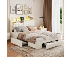 Gestoffeerd bed 140x190 cm met LED-verlichting en powerstrip, jeugdbed met 3 laden lattenbodem en opbergruimte hoofdbord, tweepersoonsbed volwassenen lattenbodem, fluweelbeige