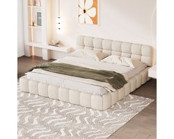 Gestoffeerd bed 140x190 cm, tweepersoonsbed met lattenbodem en hoofdeinde, vlak bed met gestoffeerde rand, bedframe voor volwassenen en tieners, zonder matras, linnen beige