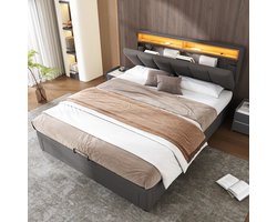 Gestoffeerd bed 140x190cm in grijs - linnen stof, LED op het hoofdbord, opbergruimte aan hoofd- en voeteneinde, bedkast onder het ligvlak - ideaal voor de slaapkamer
