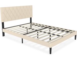 Gestoffeerd Bed 140x200 – Bedframe met Hoofdbord in Kunstleer – Modern Tweepersoons Design – Beige