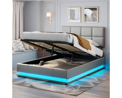 Gestoffeerd bed 140x200 cm - bed met opbergruimte en bedstee - met LED - lattenbodem - PU-kunstleer - grijs (verzonden in 2 pakketten)