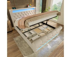 Gestoffeerd Bed - 140x200 cm - LED en USB-C - Hydraulische Opbergruimte - Fluweel - Beige