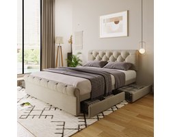 Gestoffeerd bed 140x200 cm - met 4 lades en een verstelbare hoofdbordhoogte - Chesterfield-bed - natuurlijke kleur - zonder matras