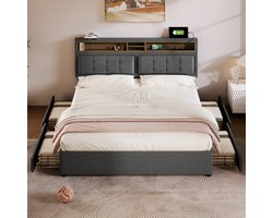 Gestoffeerd bed 140x200 cm – Met 4 opberglades en USB-C-aansluiting – Verstelbaar hoofdbord – Inclusief houten lattenbodem – Zonder matras