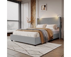 Gestoffeerd Bed 140x200 cm met Hydraulische Opbergruimte & USB – Grijze Corduroy – incl. Leeslampen – Modern Design
