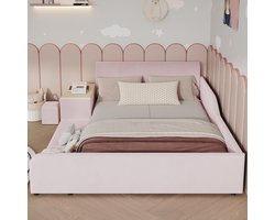 Gestoffeerd bed 140x200 cm - met kinderbureau en krukje - met opbergplank - kinderbed - roze
