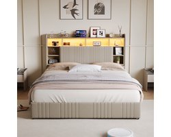 Gestoffeerd Bed 140x200 cm met LED en USB-C – Tweepersoonsbed met Hoofdbord Opbergruimte en 4 Opberglades, Beige Linnen, Geschikt voor Volwassenen en Jongeren (Zonder Matras)