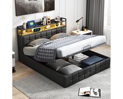 Gestoffeerd bed 140x200 cm met LED en USB - Hydraulisch tweepersoonsbed met lattenbodem en hoofdeinde opbergruimte, Opbergbed (zonder matras) PU Zwart