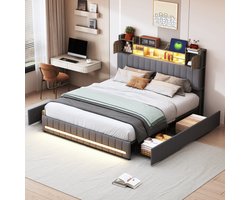 Gestoffeerd bed 140x200 cm met LED en USB-poort - Tiener tweepersoonsbed met 4 opberglades, bedframe met lattenbodem en hoofdeinde, zonder matras, grijs linnen
