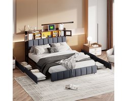 Gestoffeerd bed 140x200 cm met LED en USB, tweepersoons bed met lattenbodem en 4 laden, bedframe voor volwassenen en tieners, zonder matras, linnen zwart