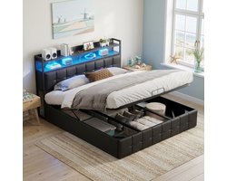 Gestoffeerd Bed 140x200 cm met LED en USB,Tweepersoonsbed met Lattenbodem en Hydraulische Hendel,Opbergbed, Boxspringbed bedframe,PU,Zwart,Zonder Matras
