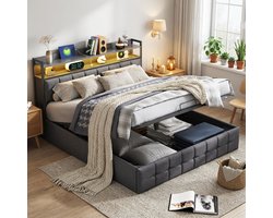 Gestoffeerd bed 140x200 cm met LED & Opbergruimte – Opbergbed Tweepersoonsbed met USB-Stopcontacten en Gasveer – Boxspringbed - Linnen Grijs – Zonder Matras