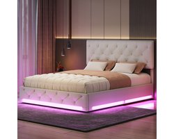 Gestoffeerd bed 140x200 cm met LED, tweepersoons hydraulisch opbergbed met lattenbodem en hoofdeinde, bedframe voor volwassenen en tieners, zonder matras, linnen beige