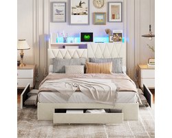 Gestoffeerd bed 140x200 cm met LED-verlichting en Stopcontacten, Jeugdbed met 3 Lades, Lattenbodem en Opberghoofdeinde, Tweepersoonsbed Volwassen Bedframe, Beige Fluweel