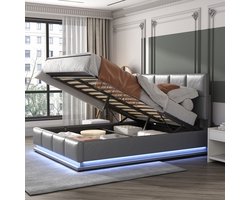 Gestoffeerd bed 140x200 cm met LED verlichting - hydraulisch hefbaar bed met opbergruimte - bedstee & lattenbodem kunstleer tweepersoonsbed -volwassenen jeugdbed -grijs