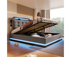 Gestoffeerd bed - 140x200 cm - met LED-verlichting - opbergruimte - zonder matras - met USB TYPE-C - linnengoed - grijs