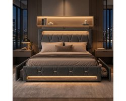 Gestoffeerd Bed 140x200 cm met LED,Tweepersoonsbed met 4 laden en Lattenbodem,Opbergbed bedframe met Opbergruimte en Hoofdbord,grijs linnen, zonder matras