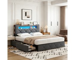 Gestoffeerd bed 140x200 cm met opbergruimte en lattenbodem, tweepersoonsbed met LEDverlichting en USB-poort, 4 lades, tweepersoonsbed voor volwassenen, fluweel, Grijs