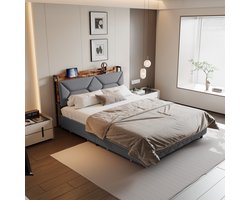 Gestoffeerd bed 140x200 cm met USB, 4 lades, opbergrekken en ergonomisch hoofdeinde, tweepersoonsbed voor tieners en volwassenen, linnengoed, grijs (zonder matras)