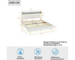 Gestoffeerd Bed 140x200 cm met USB-poort en LED-verlichting, Verplaatsbare Hoofdboardpositie, Verborgen Pootontwerp, Linnenstof Beige