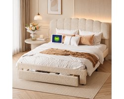 Gestoffeerd bed 140x200 cm - met USB-poort - Gevoerd tweepersoonsbed met opberglade en in hoogte verstelbaar hoofdeinde - 2-persoonsbed - Teddy stof - Beige