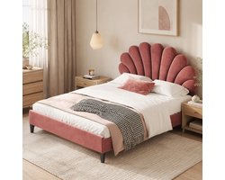 Gestoffeerd bed 140x200 cm - Tweepersoonsbed 140x200 cm - Hoofdbord met Fluwelen stof - Bloemblad-vormig hoofdbord - Houten Lattenbodem - Creëer een Veilige & Stijlvolle Slaapomgeving - Rood