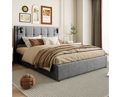 Gestoffeerd bed 140x200 cm tweepersoonsbed Jongerenbed met lattenbodem en 4 laden, Hoofdbord met leeslampje en USB, bedframe voor volwassenen en tieners, zonder matras, fluweelgrijs