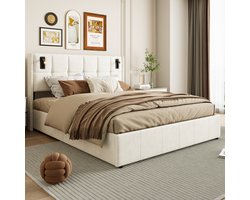 Gestoffeerd bed 140x200 cm tweepersoonsbed Jongerenbed met lattenbodem en 4 laden, hoofdeinde met leeslamp en USB, bedframe voor volwassenen en tieners, zonder matras, fluweel beige