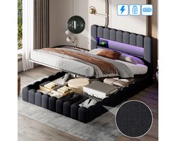 Gestoffeerd bed 140x200 cm, tweepersoonsbed met LED-hoofdbord en USB-oplaadfunctie, boxspring bedframe met opbergruimte en lattenbodem, opbergbed jeugdbed, linnen, grijs, Zonder matras