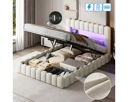 Gestoffeerd bed 140x200 cm, tweepersoonsbed met LED-hoofdbord en USB-oplaadfunctie, boxspringbed Bedframe met opbergruimte en lattenbodem, opbergbed jeugdbed, linnen, beige, Zonder matras