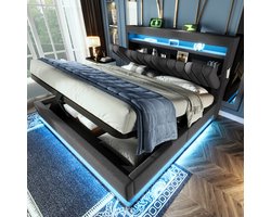 Gestoffeerd bed 140x200 cm Tweepersoonsbed - opberghoofdeinde met USB- en Type-C-poorten - LED-verlichting - met opbergruimte - grijs - zonder matras