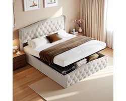 Gestoffeerd bed 140x200 cm - tweepersoonsbed/volwassen bed/luchtbed - bedframe met opbergruimte - flanel - Beige (verzonden in 2 pakketten)