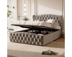 Gestoffeerd bed 140x200 cm - tweepersoonsbed/volwassen bed/luchtbed - bedframe met opbergruimte - flanel - grijs (verzonden in 2 pakketten)