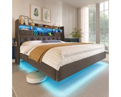 Gestoffeerd bed 140x200 cm, zwevend bed met ledverlichting, hoofdbord en laadstation (1 Type-C, 3 USB-poorten), modern tweepersoonsbed met opbergruimte in het hoofdbord en lattenbodem, linnen, grijs (exclusief matras)