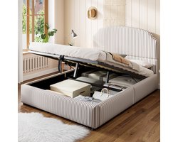Gestoffeerd Bed 140x200 - Hydraulische Opbergruimte Met Breed Hoofdbord - Gestreepte Stof - Zonder Kleurvermelding