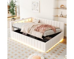 Gestoffeerd bed 140x200 met hydraulische opbergruimte en LED-verlichting - 2-persoons slaapbank - Beige fluweel - USB-laadpoort - Rugleuning en hoofdeinde - Stabiel frame tot 200 kg
