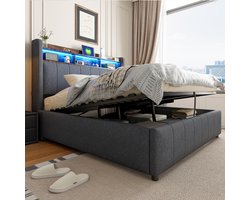 Gestoffeerd Bed 140x200 - Met LED USB En Hydraulische Opbergruimte - Hoofdbord Met Planken - Linnen - Grijs