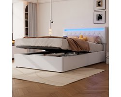 Gestoffeerd Bed 140x200 - Platformbed met Sfeerverlichting en Opbergruimte - Stof - Wit