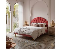 Gestoffeerd Bed 140x200 Roze - ADFBL - Gestoffeerd Bedframe met Schelp Hoofdbord - Fluweel - Verstelbaar Hoofdbord - Gouden Poten - Incl. Lattenbodem - Luxe Design