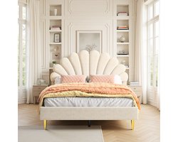 Gestoffeerd Bed 140x200cm - ADFBL - Gestoffeerd Bedframe met Schelp Hoofdbord - Fluweel - Verstelbaar Hoofdbord - Gouden Poten - Incl. Lattenbodem - Luxe Design