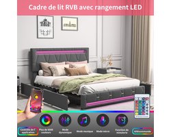 Gestoffeerd bed 140x200cm LED tweepersoonsbed met opbergruimte en lattenbodem, USB-oplaadpoort, hydraulisch bed, jeugdbed, grijze linnen stof, zonder matras (splitsen voor 2 pakketten voor verzending)