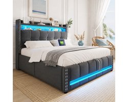 Gestoffeerd bed 140x200cm met LED-verlichting en USB-aansluiting, opbergruimte in het hoofdeinde, hydraulisch systeem, grijze leinenstof
