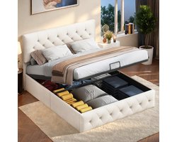 Gestoffeerd bed 140x200cm, slaapkamerplatformbed met hydraulische lift, opbergbox, tweepersoonsbed, jeugdbed, beige fluwelen hoofdeinde, gestoffeerd bedframe met lattenbodem, zonder matras (verzendkosten: 2 pakketten splitsen)