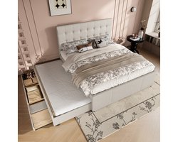 Gestoffeerd bed - 140x200cm - Tweepersoonsbed - Familiebed met drie lades - Uitschuifbaar bed - Verstelbaar hoofdeinde - Zonder matras - Beige