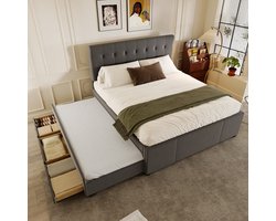 Gestoffeerd bed - 140x200cm - Tweepersoonsbed - Familiebed met drie lades - Uitschuifbaar bed - Verstelbaar hoofdeinde - Zonder matras - Grijs