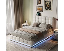 Gestoffeerd bed 140x200cm,modern hydraulisch opbergbed met LED-verlichting,functioneel bed met veel opbergruimte,tweepersoonsbed met verstelbare hoofdsteun,logeerbed voor jongeren,wit PU-leer, zonder matras -gesplitst voor 2 pakketten voor verzending