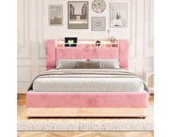Gestoffeerd bed 160 x 200 cm - met LED-verlichting - USB-poort en opbergruimte - metalen frame - roze - zonder matras