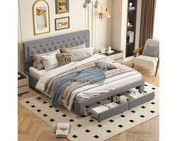 Gestoffeerd bed 160 x 200 cm, modern kingsize tweepersoonsbed met gewatteerde knopen decoratie hoofdeinde, bedframe met lattenbodem en lades, bed voor slaapkamer en logeerkamer, fluweel, zonder matras,Grijs