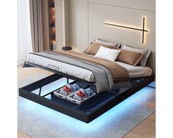 Gestoffeerd bed, 160 x 200 cm, tweepersoonsbed met opbergruimte, zwevend design, zonder hoofdbord, geschikt voor volwassenen en tieners, lattenbodem, PU, ​​matras niet inbegrepen, zwart (wordt in 2 pakketten verzonden).