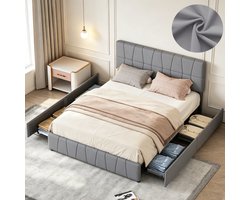 Gestoffeerd bed 160 x 200 - tweepersoonsbed - ledikant - bed - opberg bed - gestofeerd bed - tweepersoonsbed met opbergruimte - gestoffeerd bed met opbergruimte - Met 4 metalen lades - fluweel stof - grijs - Veilig Zachte Randen